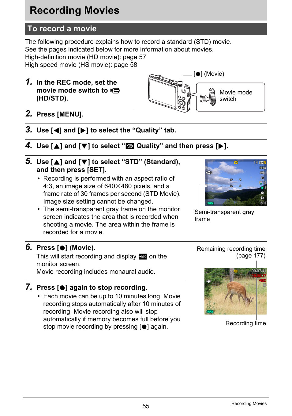 Recording movies, To record a movie | Casio EX-FS10 User Manual | Page 55 / 184