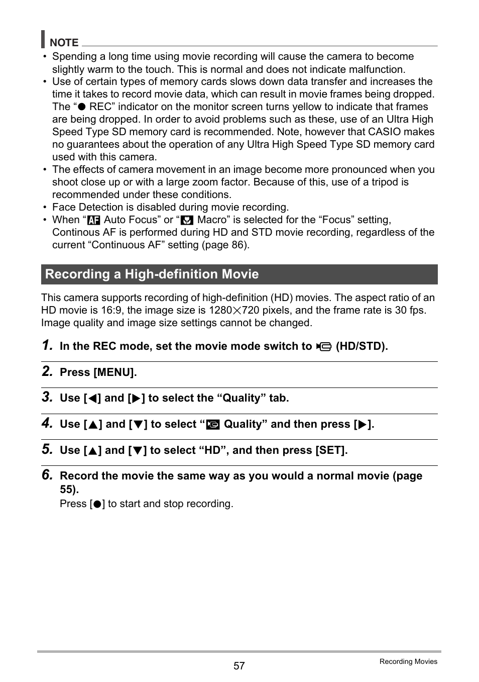 Recording a high-definition movie | Casio EX-FS10 User Manual | Page 57 / 184