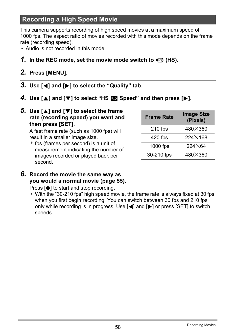 Recording a high speed movie | Casio EX-FS10 User Manual | Page 58 / 184