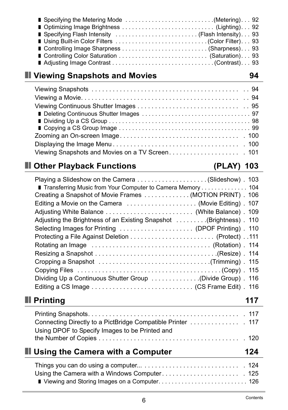 Viewing snapshots and movies 94, Other playback functions (play) 103, Printing 117 | Using the camera with a computer 124 | Casio EX-FS10 User Manual | Page 6 / 184