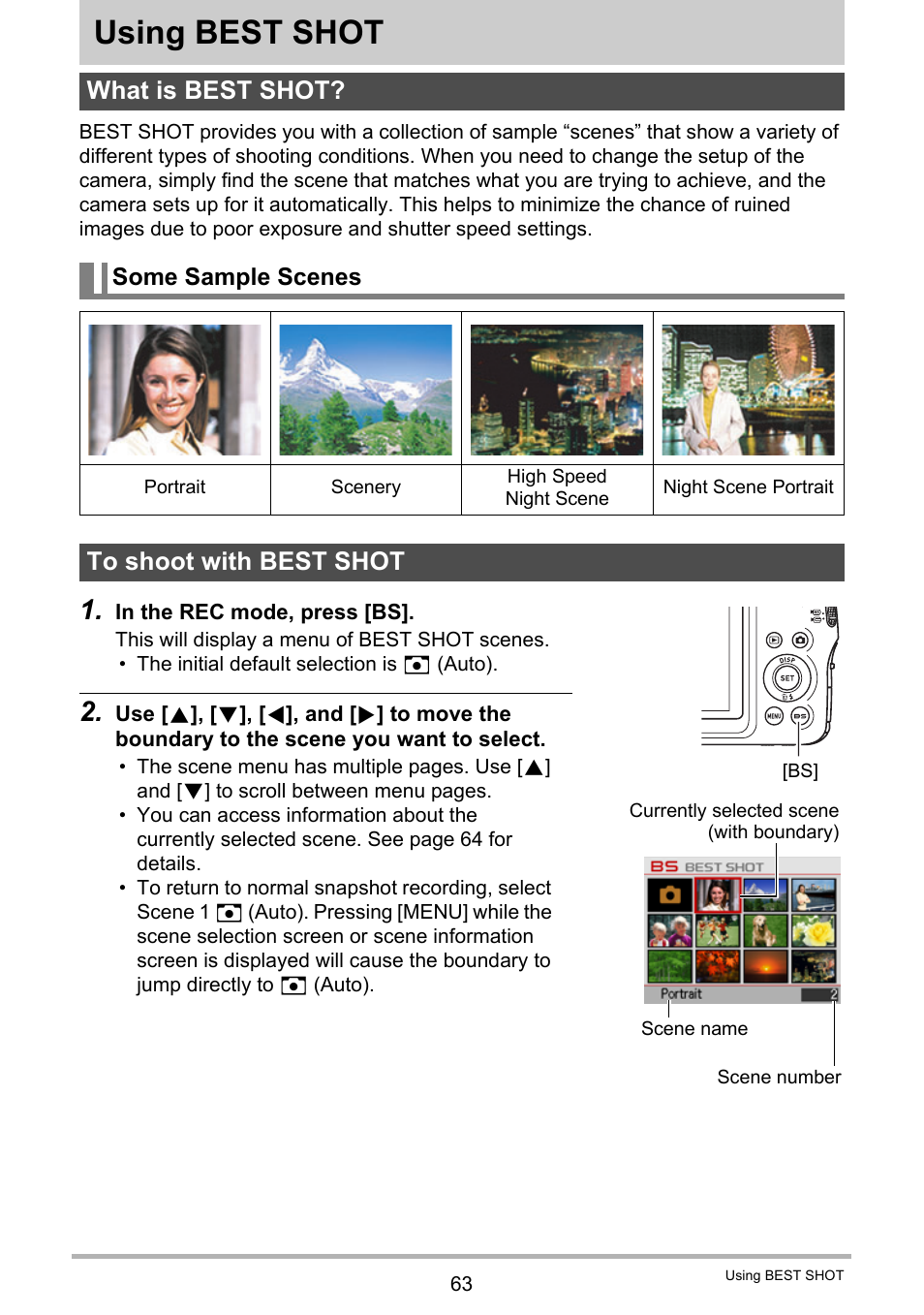 Using best shot, What is best shot, Some sample scenes | To shoot with best shot | Casio EX-FS10 User Manual | Page 63 / 184