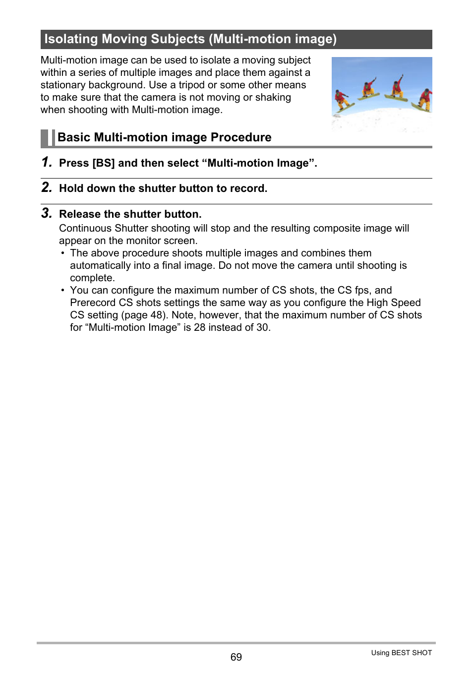 Isolating moving subjects (multi-motion image), Basic multi-motion image procedure | Casio EX-FS10 User Manual | Page 69 / 184
