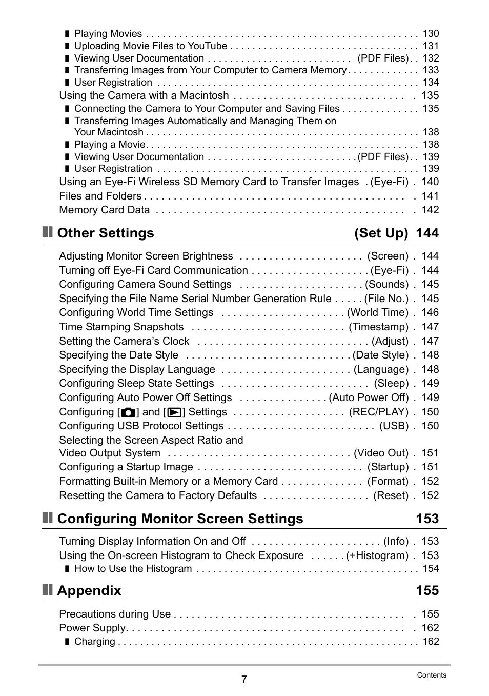 Other settings (set up) 144, Configuring monitor screen settings 153, Appendix 155 | Casio EX-FS10 User Manual | Page 7 / 184