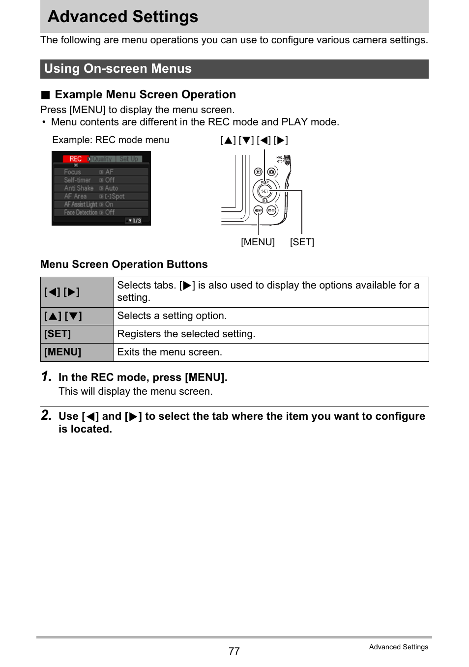 Advanced settings, Using on-screen menus | Casio EX-FS10 User Manual | Page 77 / 184