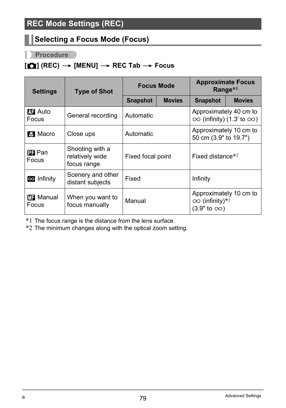 Rec mode settings (rec), Selecting a focus mode (focus) | Casio EX-FS10 User Manual | Page 79 / 184