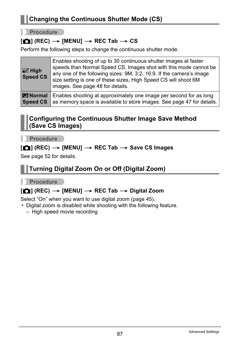 Changing the continuous shutter mode (cs), Turning digital zoom on or off (digital zoom) | Casio EX-FS10 User Manual | Page 87 / 184