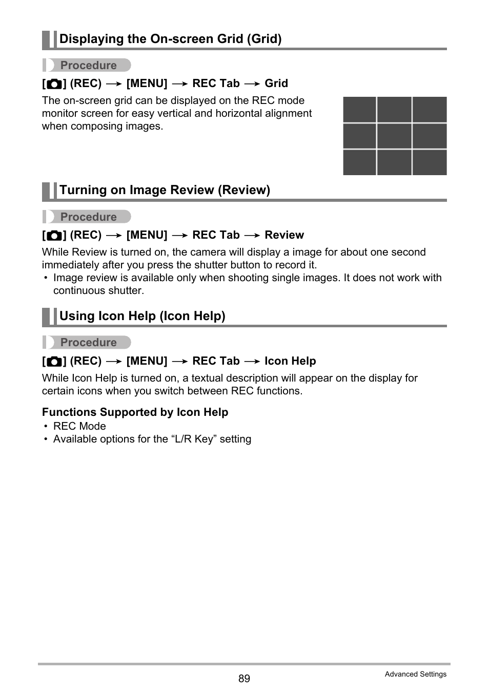 Displaying the on-screen grid (grid), Turning on image review (review), Using icon help (icon help) | Casio EX-FS10 User Manual | Page 89 / 184