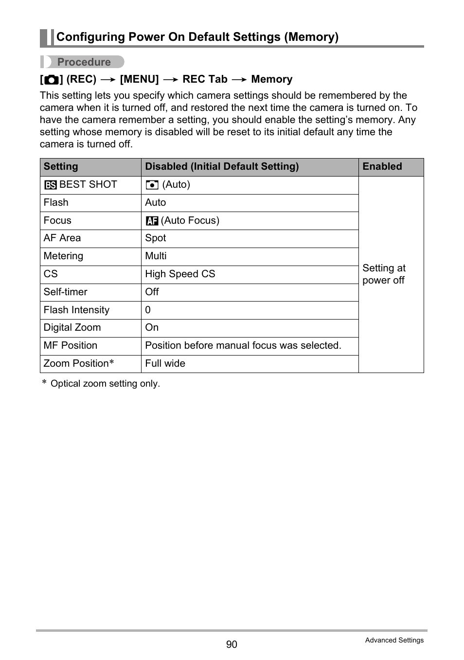 Configuring power on default settings (memory) | Casio EX-FS10 User Manual | Page 90 / 184