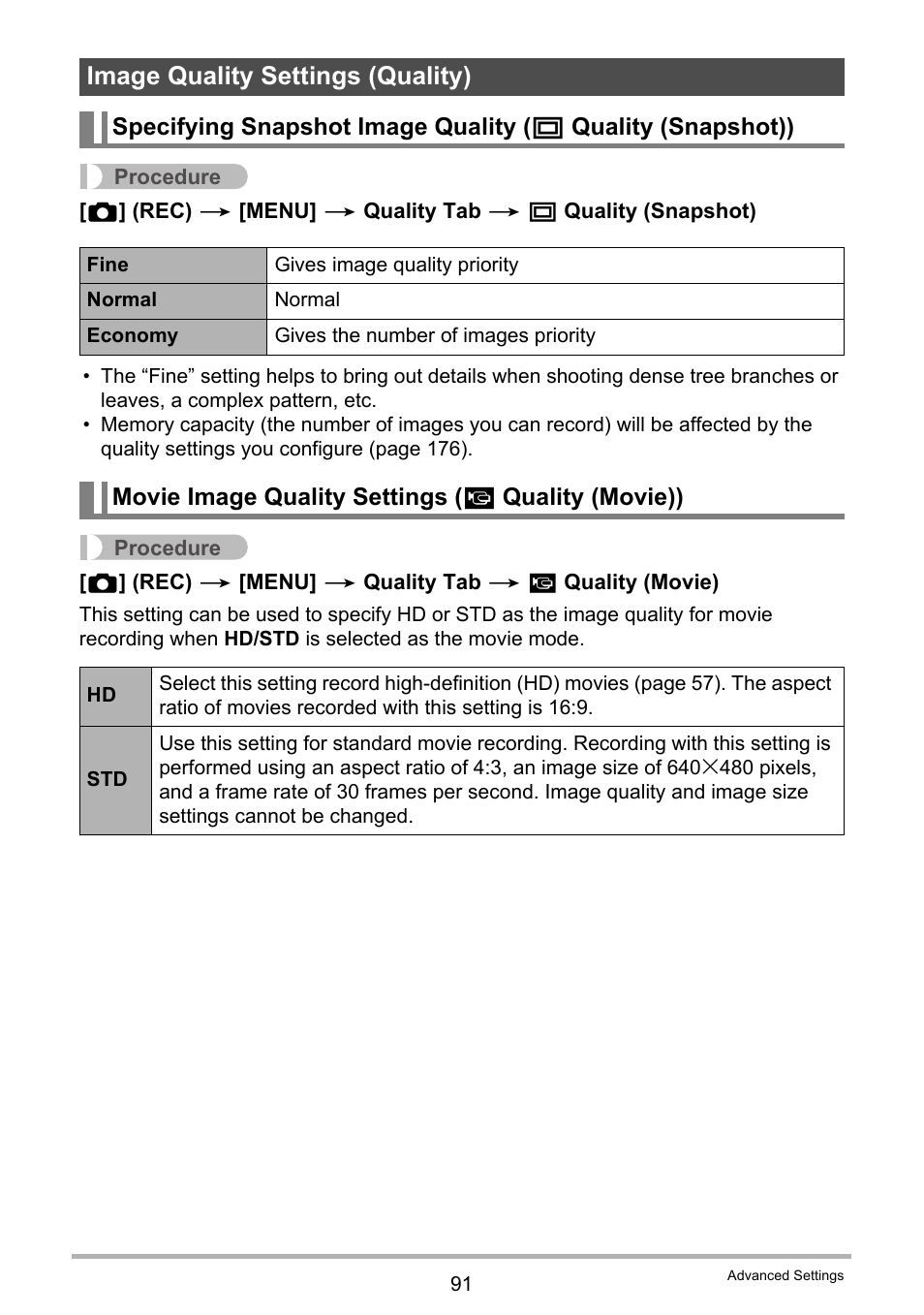 Image quality settings (quality), Movie image quality settings (_ quality (movie)) | Casio EX-FS10 User Manual | Page 91 / 184