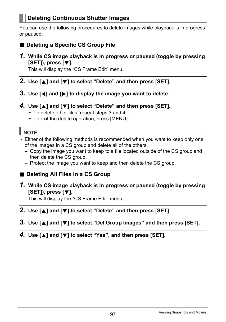 Deleting continuous shutter images | Casio EX-FS10 User Manual | Page 97 / 184