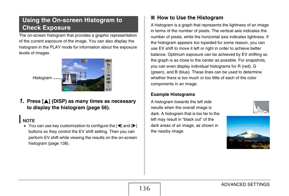 Using the on-screen histogram to check exposure | Casio EX-Z18 User Manual | Page 136 / 265