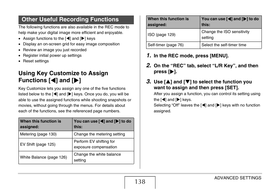 Other useful recording functions, Using key customize to assign functions [<] and, Using key customize to assign functions | W] and [x, Ge 138) | Casio EX-Z18 User Manual | Page 138 / 265