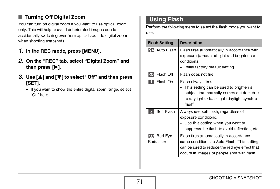 Using flash, Ge 71) | Casio EX-Z18 User Manual | Page 71 / 265