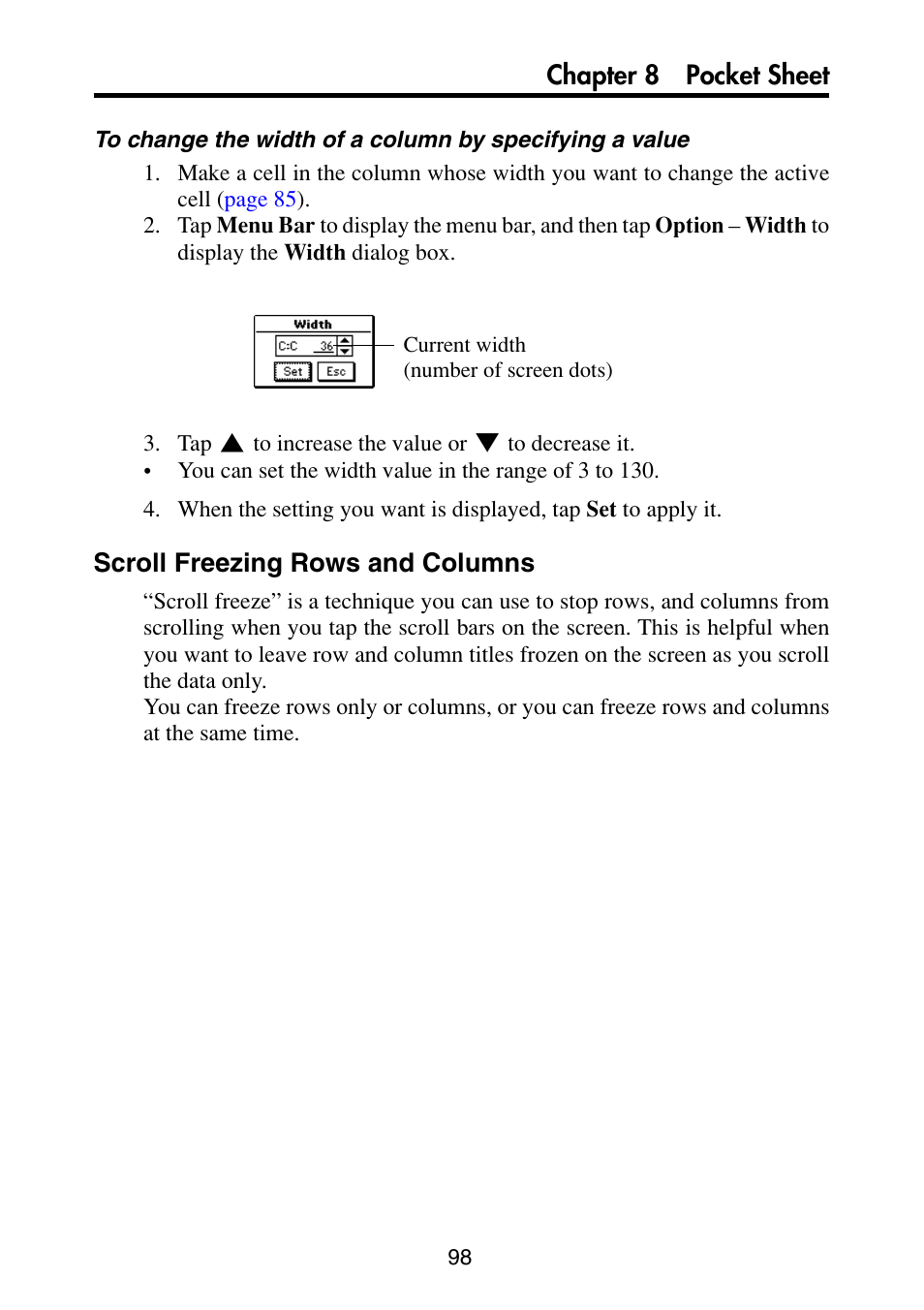 Scroll freezing rows and columns, Chapter 8 pocket sheet | Casio PV-S6100 User Manual | Page 100 / 189