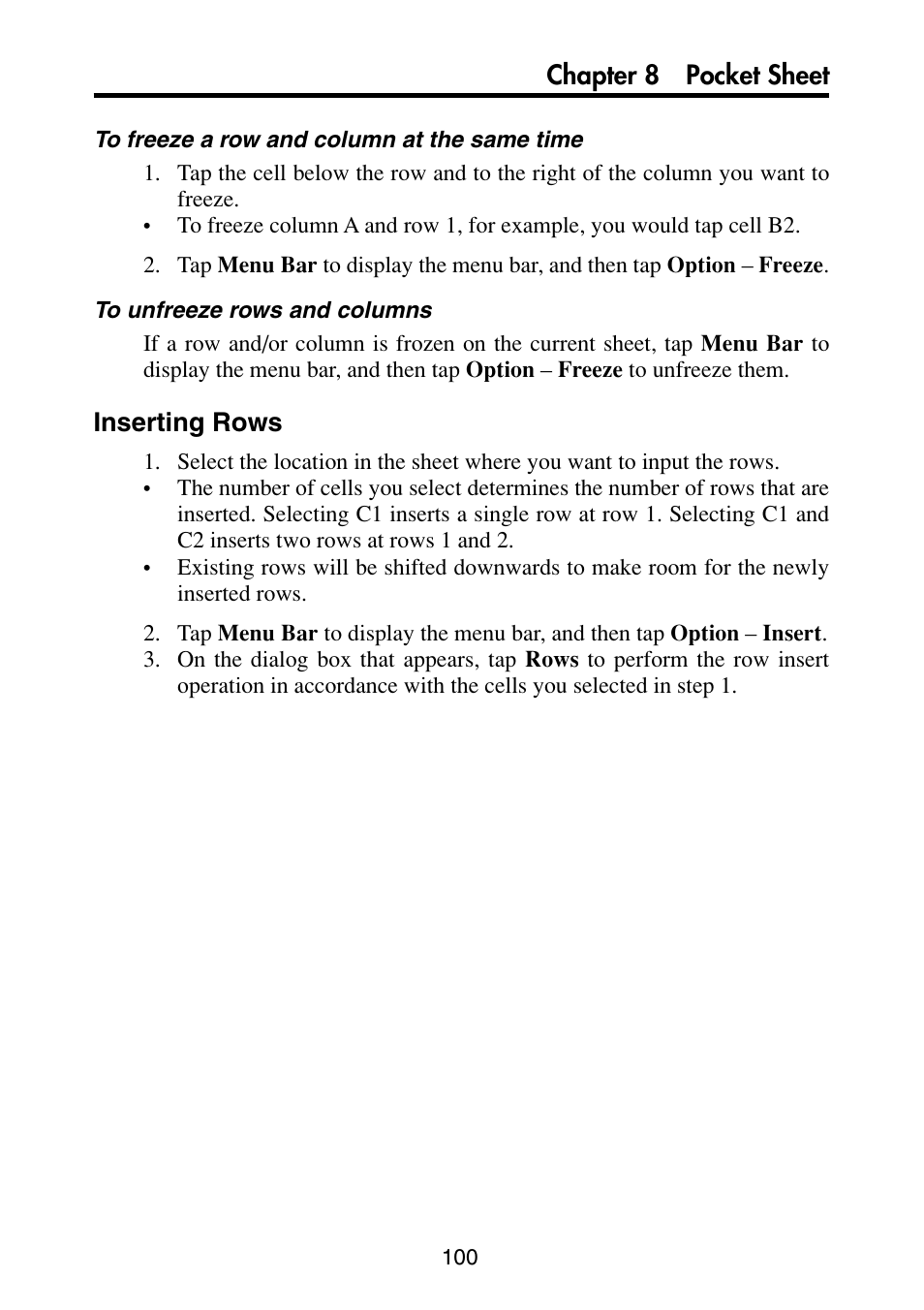 Inserting rows, Chapter 8 pocket sheet | Casio PV-S6100 User Manual | Page 102 / 189