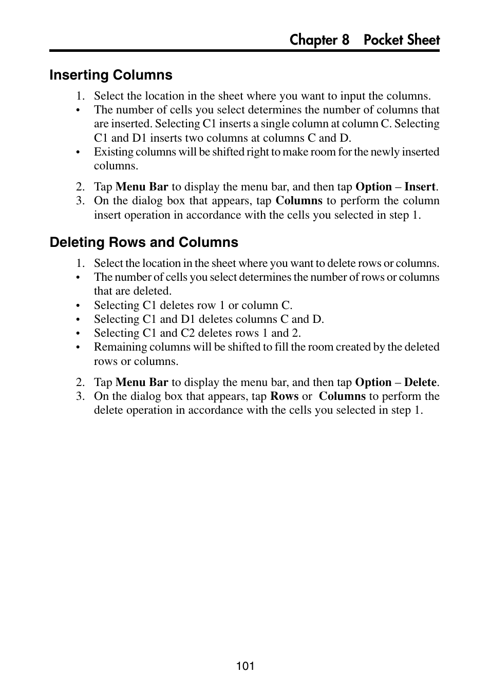 Inserting columns, Deleting rows and columns, Chapter 8 pocket sheet inserting columns | Casio PV-S6100 User Manual | Page 103 / 189