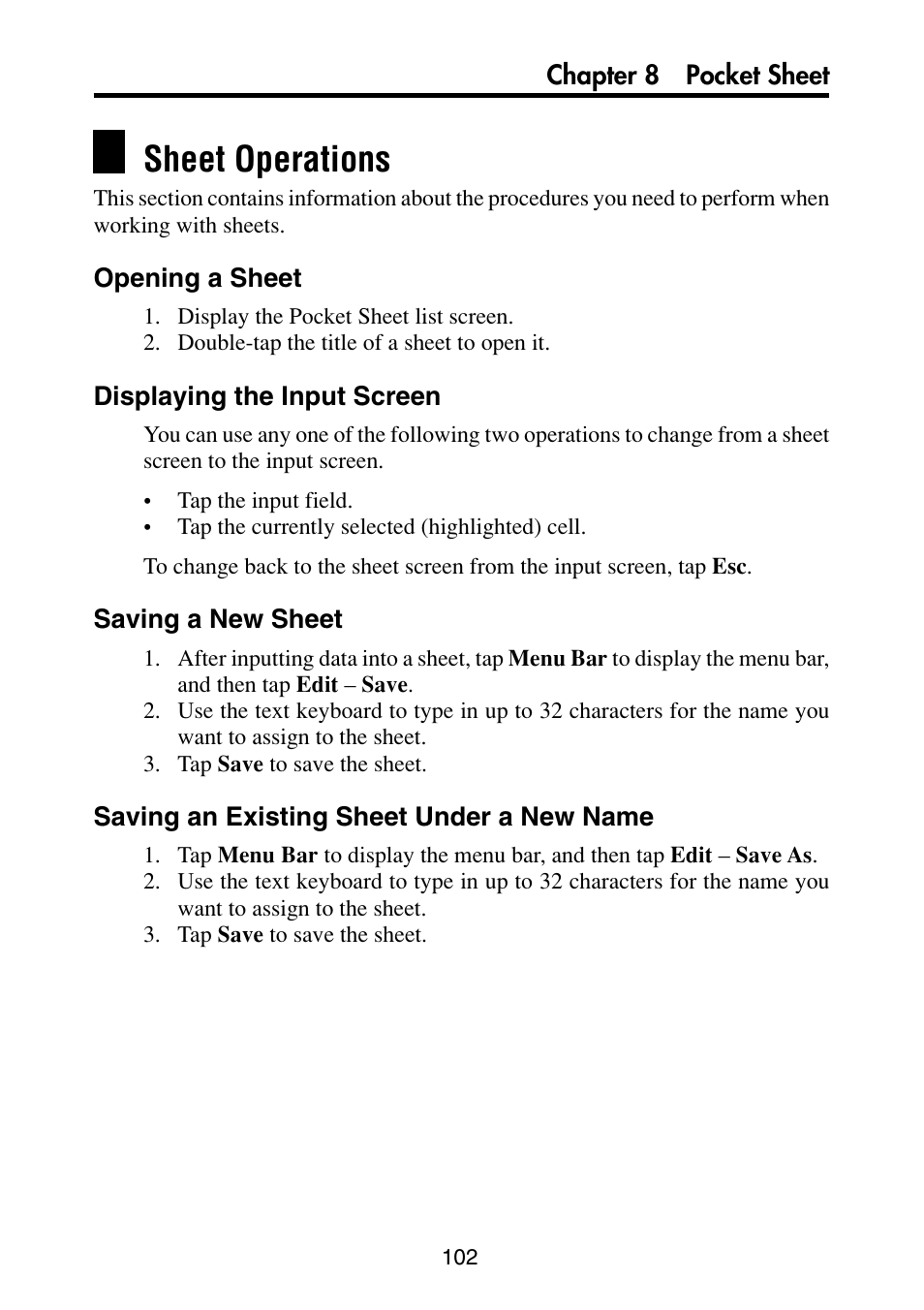 Sheet operations, Opening a sheet, Displaying the input screen | Saving a new sheet, Saving an existing sheet under a new name | Casio PV-S6100 User Manual | Page 104 / 189