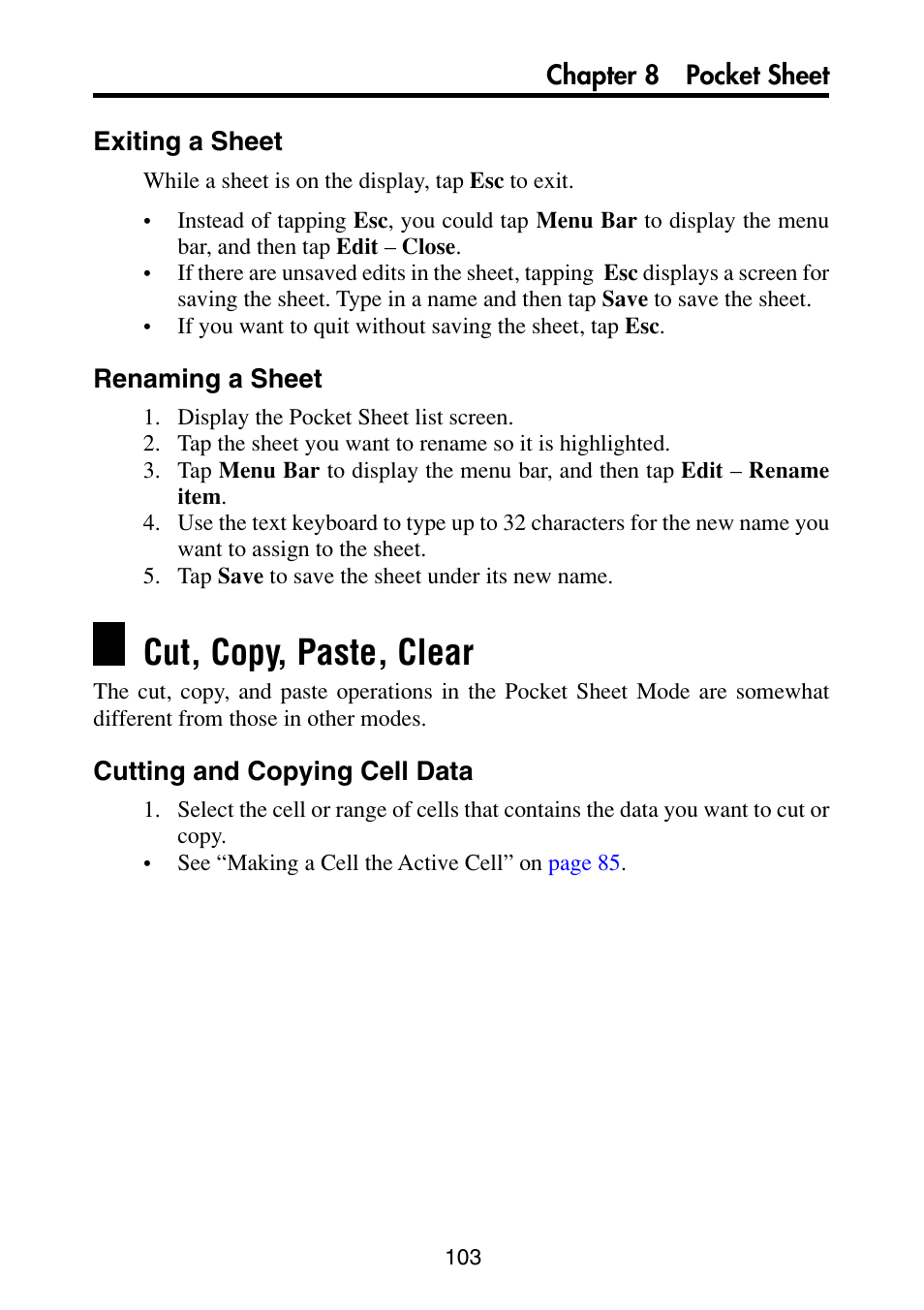 Exiting a sheet, Renaming a sheet, Cut, copy, paste, clear | Cutting and copying cell data | Casio PV-S6100 User Manual | Page 105 / 189