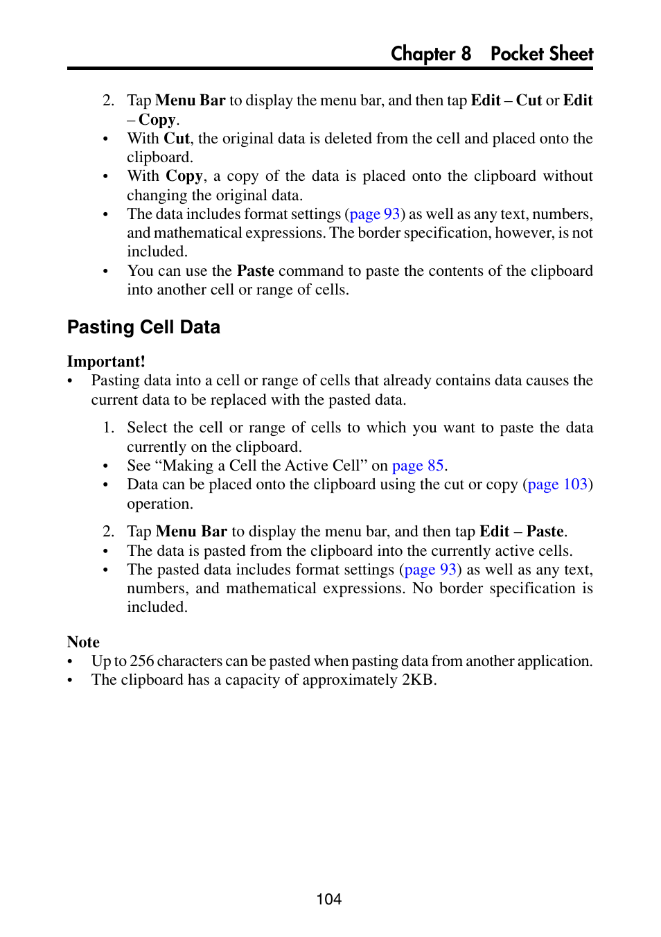 Pasting cell data, Chapter 8 pocket sheet | Casio PV-S6100 User Manual | Page 106 / 189