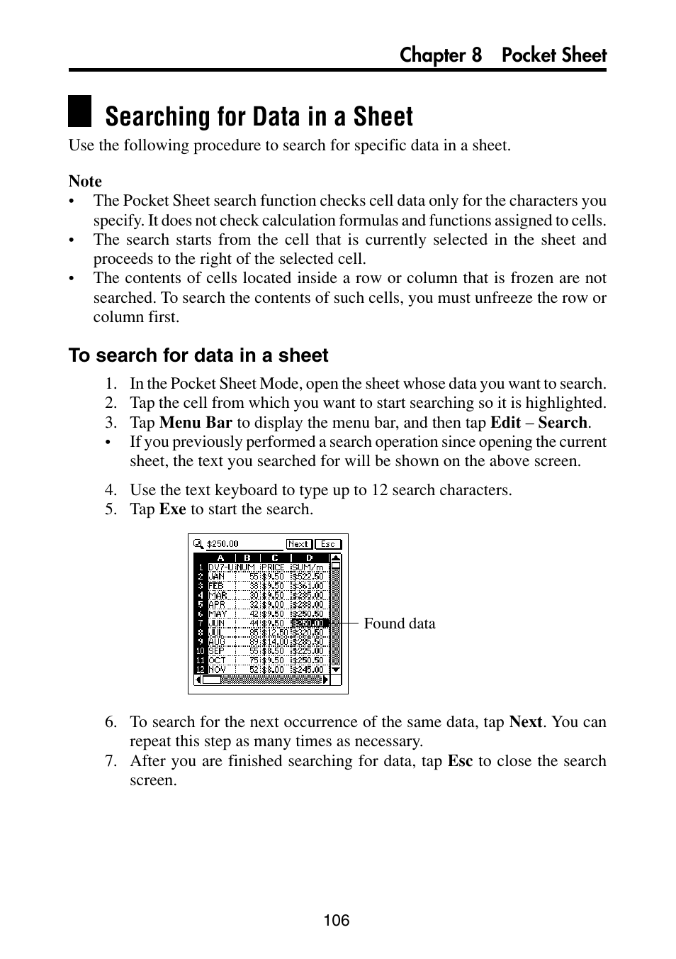 Searching for data in a sheet, To search for data in a sheet | Casio PV-S6100 User Manual | Page 108 / 189