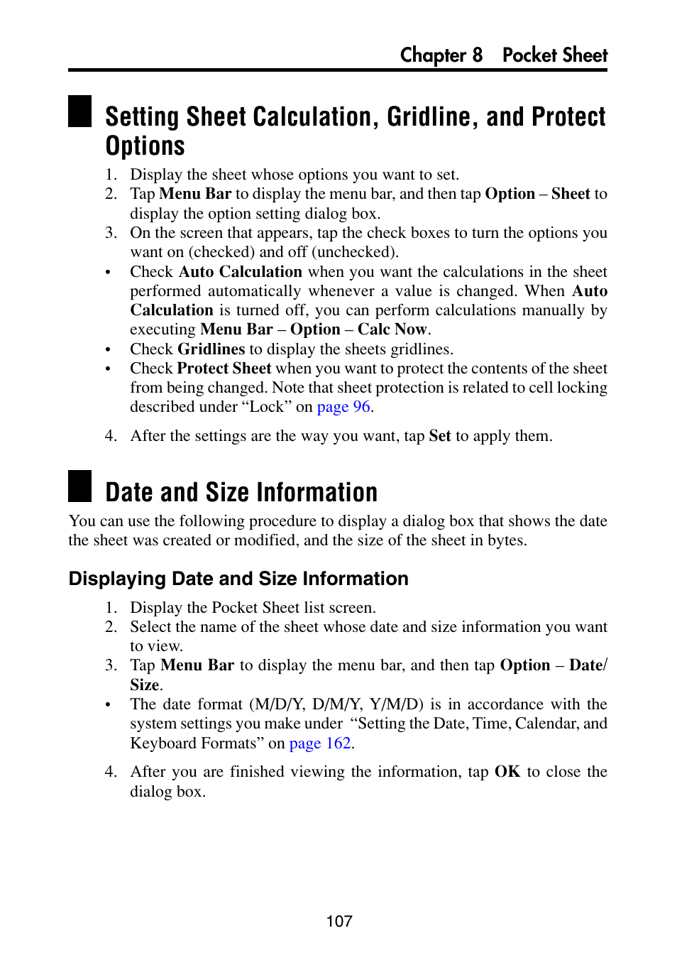 Date and size information, Displaying date and size information, Sheet | For the cell | Casio PV-S6100 User Manual | Page 109 / 189