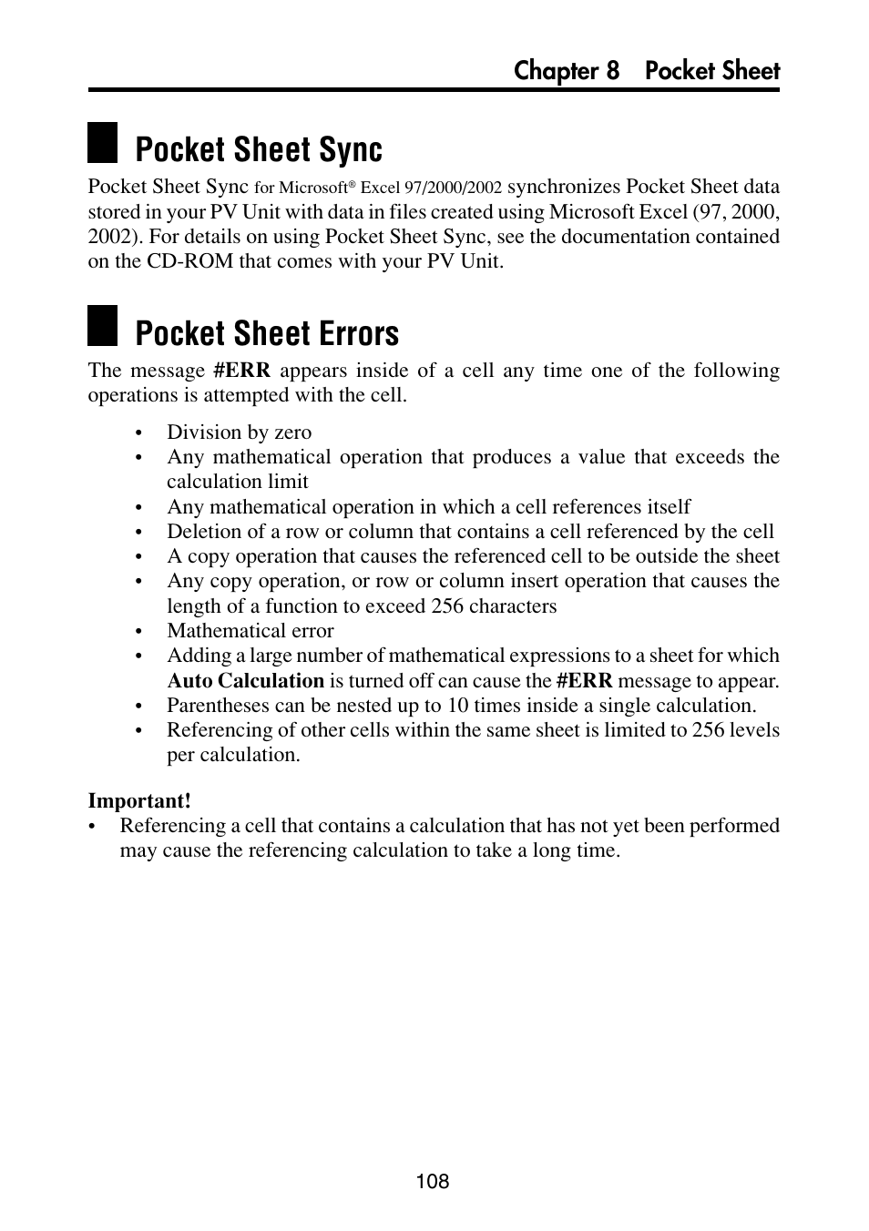 Pocket sheet sync, Pocket sheet errors, Chapter 8 pocket sheet | Casio PV-S6100 User Manual | Page 110 / 189