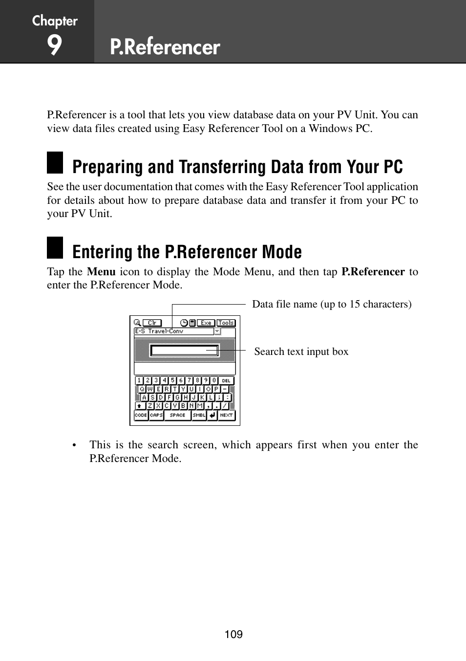 P.referencer, Preparing and transferring data from your pc, Entering the p.referencer mode | Casio PV-S6100 User Manual | Page 111 / 189