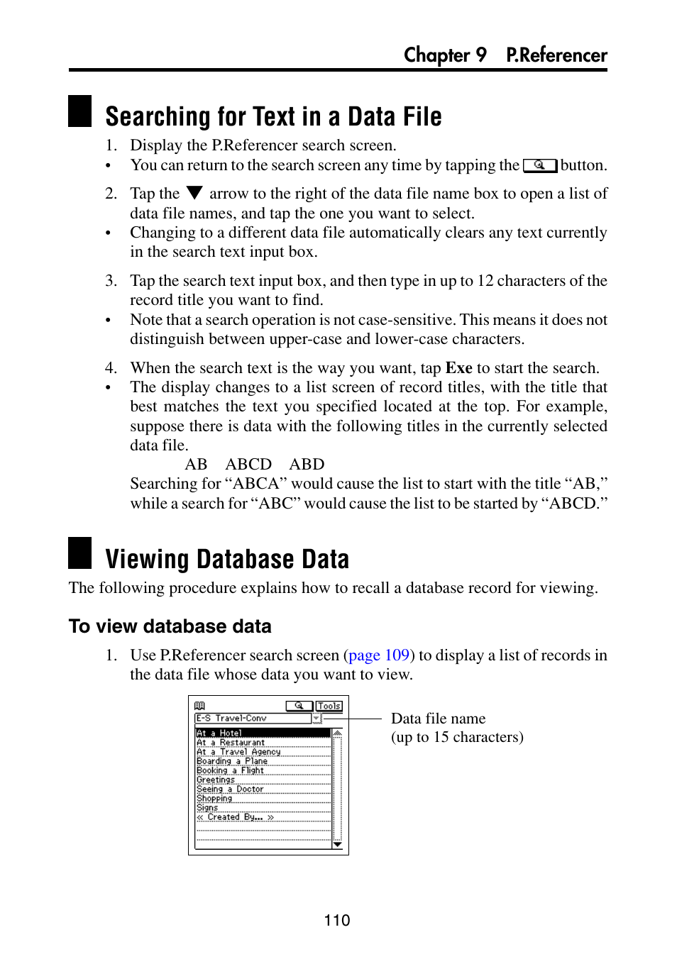 Searching for text in a data file, Viewing database data, To view database data | Casio PV-S6100 User Manual | Page 112 / 189