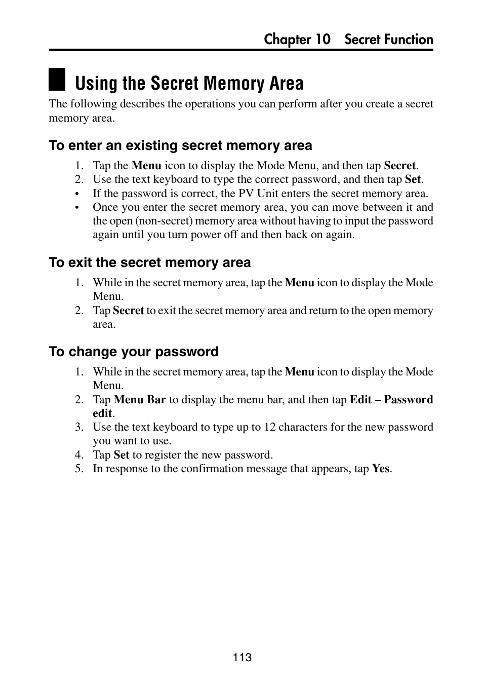 Using the secret memory area, To enter an existing secret memory area, To exit the secret memory area | To change your password | Casio PV-S6100 User Manual | Page 115 / 189