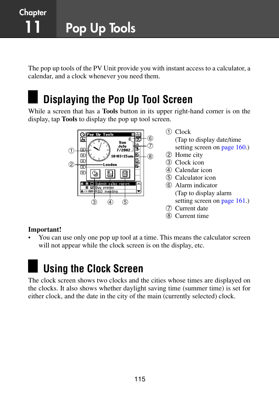 Pop up tools, Displaying the pop up tool screen, Using the clock screen | Casio PV-S6100 User Manual | Page 117 / 189