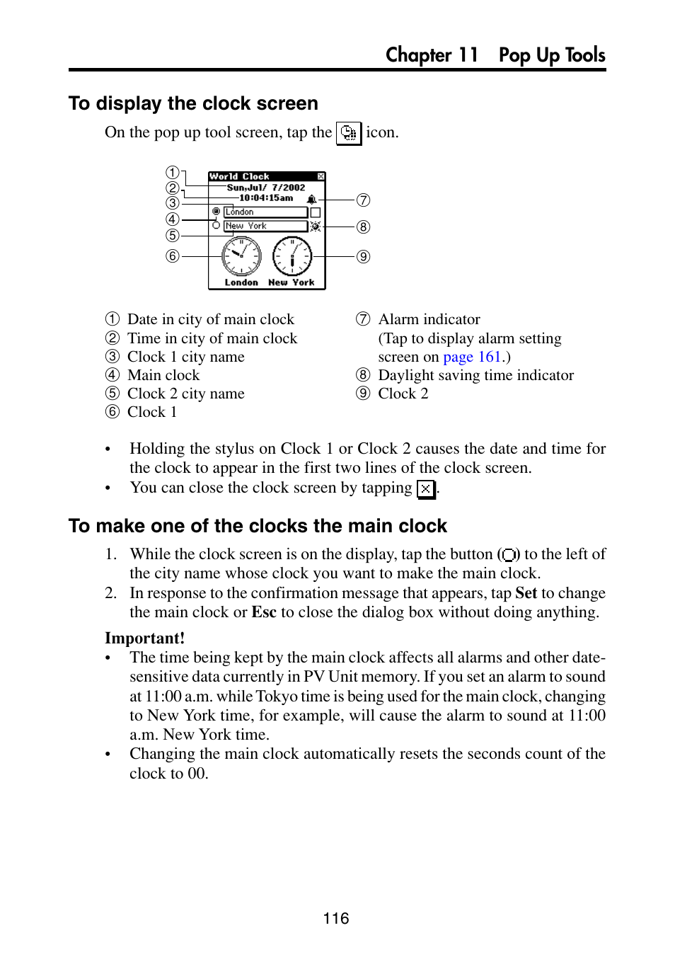 To display the clock screen, To make one of the clocks the main clock | Casio PV-S6100 User Manual | Page 118 / 189