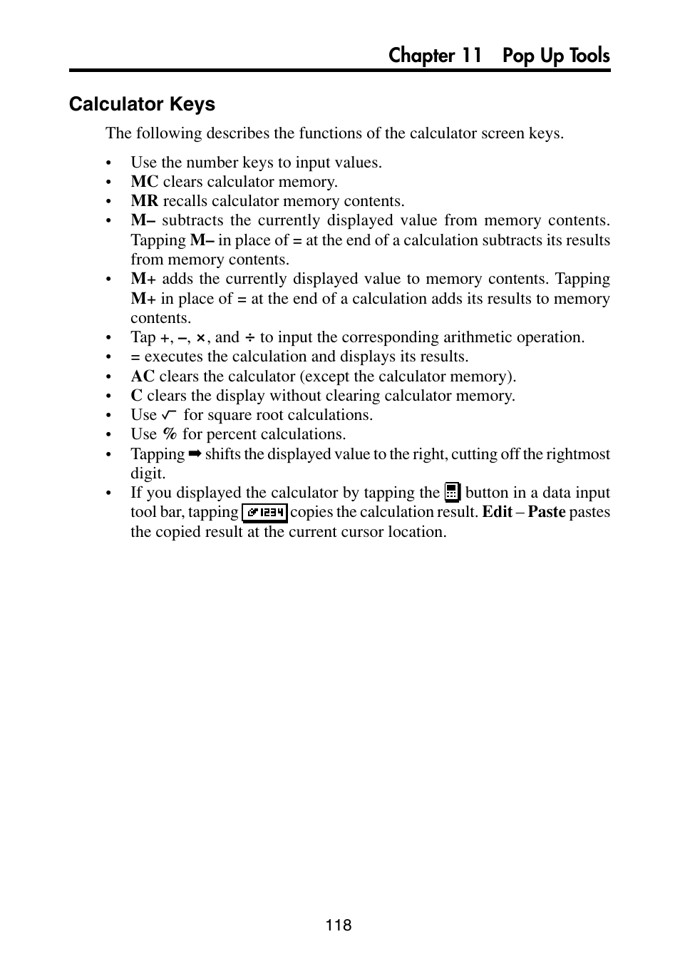 Calculator keys, Chapter 11 pop up tools calculator keys | Casio PV-S6100 User Manual | Page 120 / 189