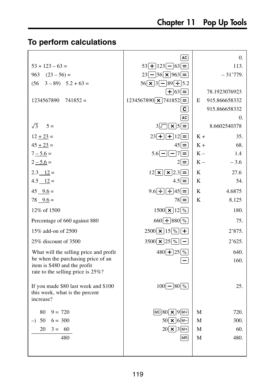 To perform calculations, Chapter 11 pop up tools | Casio PV-S6100 User Manual | Page 121 / 189