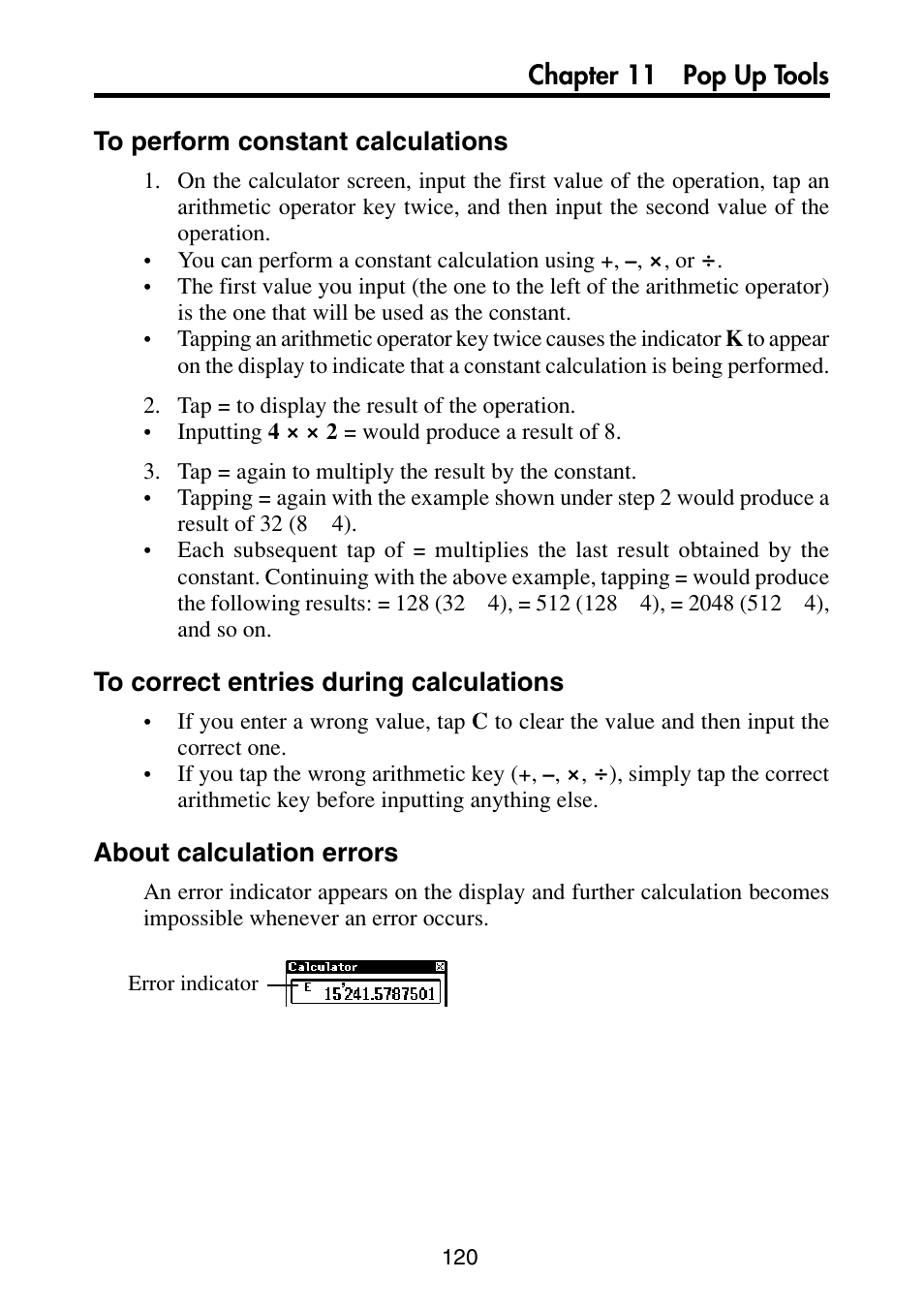 To perform constant calculations, To correct entries during calculations, About calculation errors | Casio PV-S6100 User Manual | Page 122 / 189