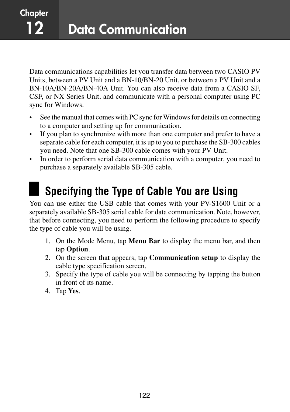 Data communication, Specifying the type of cable you are using | Casio PV-S6100 User Manual | Page 124 / 189