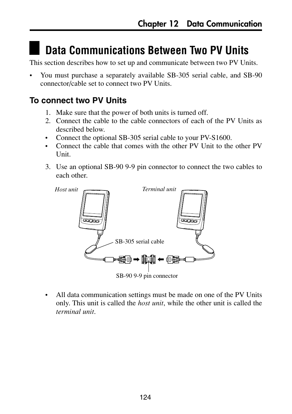 Data communications between two pv units, To connect two pv units, Chapter 12 data communication | Casio PV-S6100 User Manual | Page 126 / 189