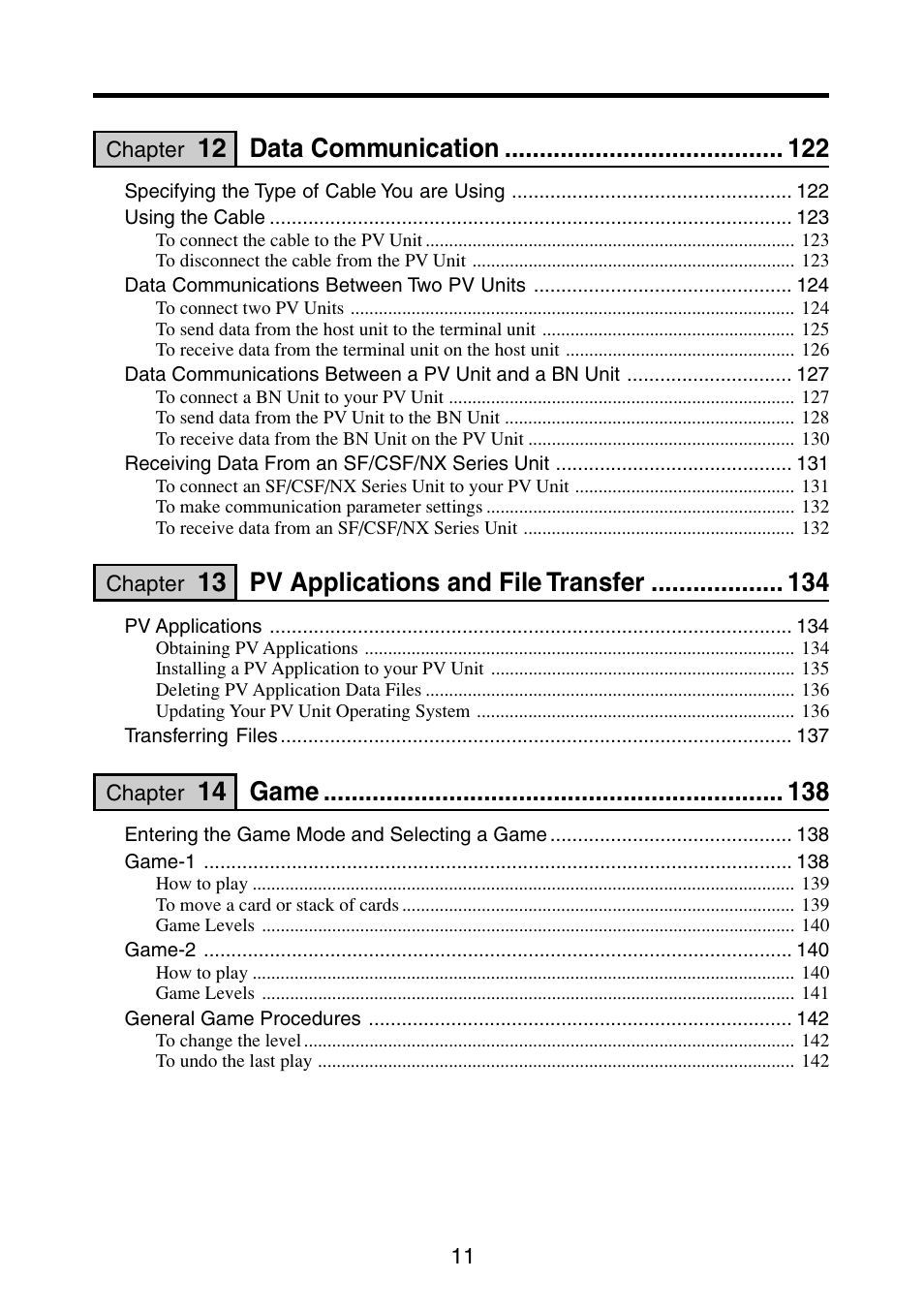 Data communication, Pv applications and file transfer, Game | Casio PV-S6100 User Manual | Page 13 / 189