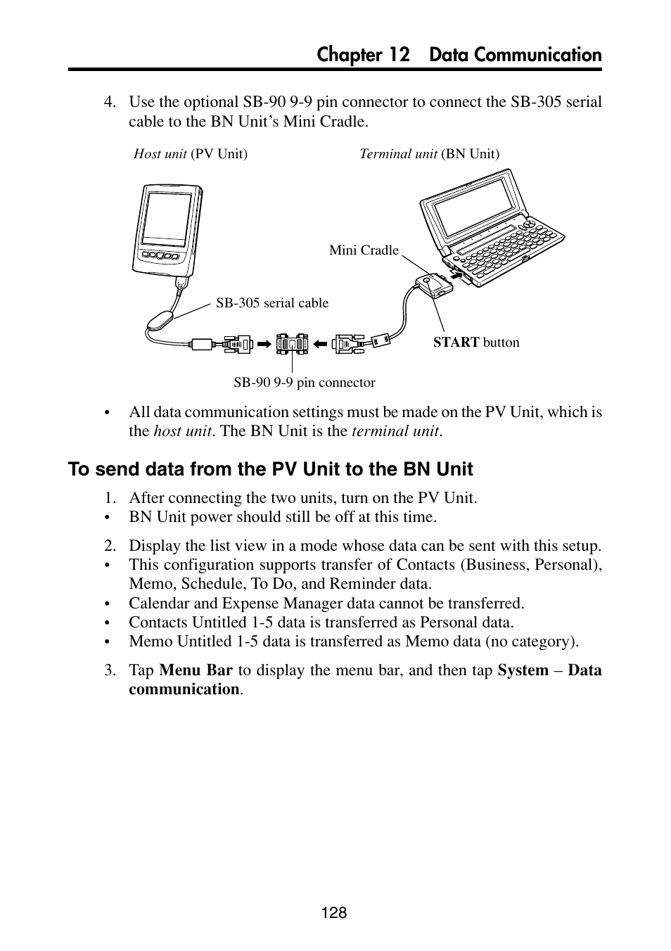 To send data from the pv unit to the bn unit, Chapter 12 data communication | Casio PV-S6100 User Manual | Page 130 / 189