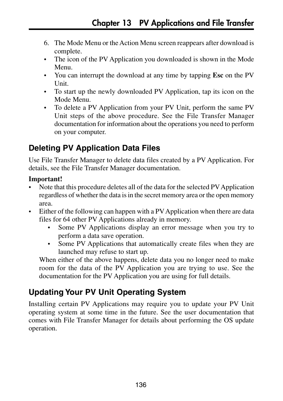 Deleting pv application data files, Updating your pv unit operating system, Chapter 13 pv applications and file transfer | Casio PV-S6100 User Manual | Page 138 / 189