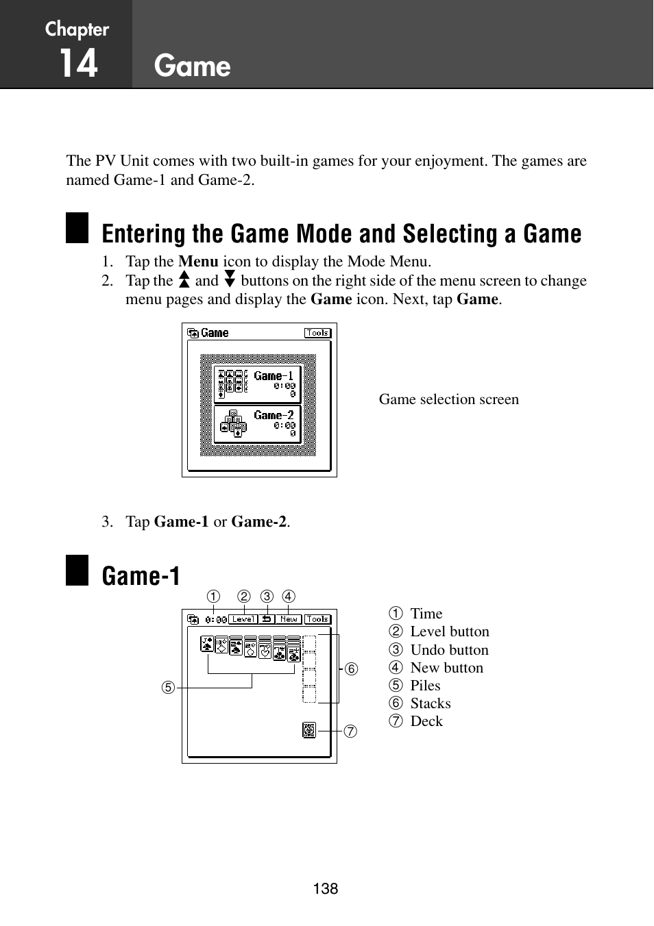 Game, Entering the game mode and selecting a game, Game-1 | Casio PV-S6100 User Manual | Page 140 / 189