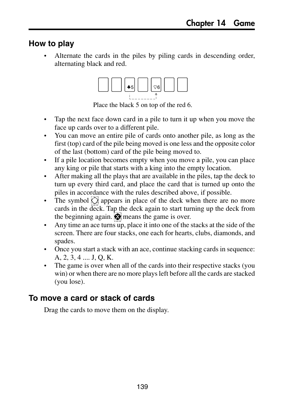 How to play, To move a card or stack of cards, Chapter 14 game how to play | Casio PV-S6100 User Manual | Page 141 / 189