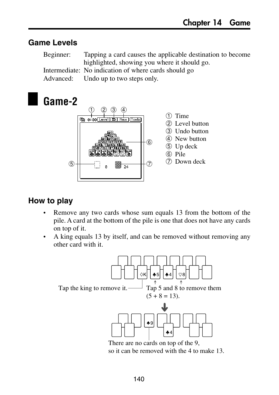 Game levels, Game-2, How to play | Chapter 14 game | Casio PV-S6100 User Manual | Page 142 / 189