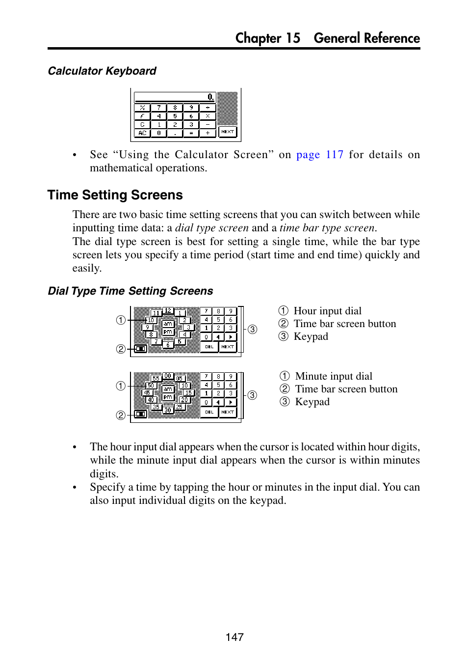 Time setting screens, Chapter 15 general reference | Casio PV-S6100 User Manual | Page 149 / 189