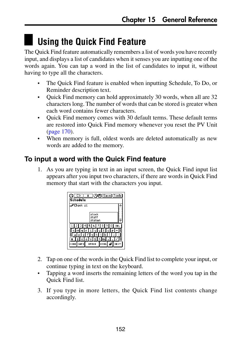 Using the quick find feature, To input a word with the quick find feature | Casio PV-S6100 User Manual | Page 154 / 189
