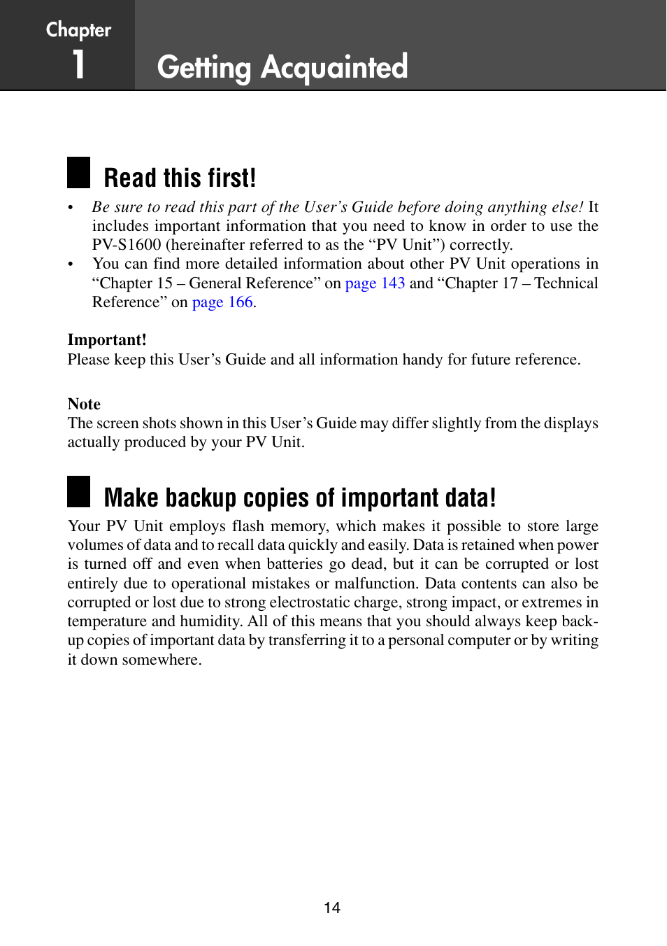 Getting acquainted, Read this first, Make backup copies of important data | Casio PV-S6100 User Manual | Page 16 / 189