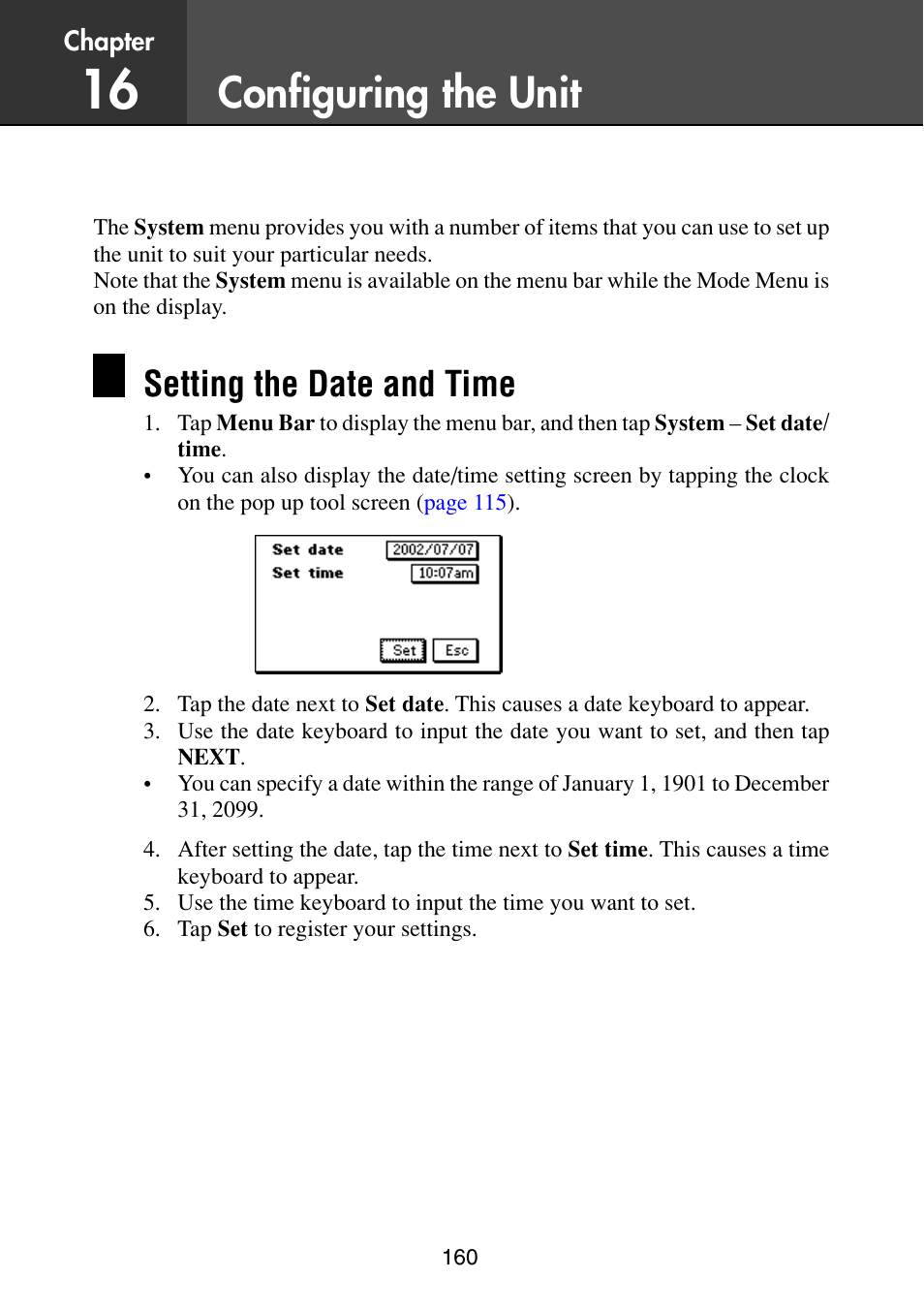 Configuring the unit, Setting the date and time, Check the time setting and correct it if necessary | Setting screen on, Age 160 | Casio PV-S6100 User Manual | Page 162 / 189