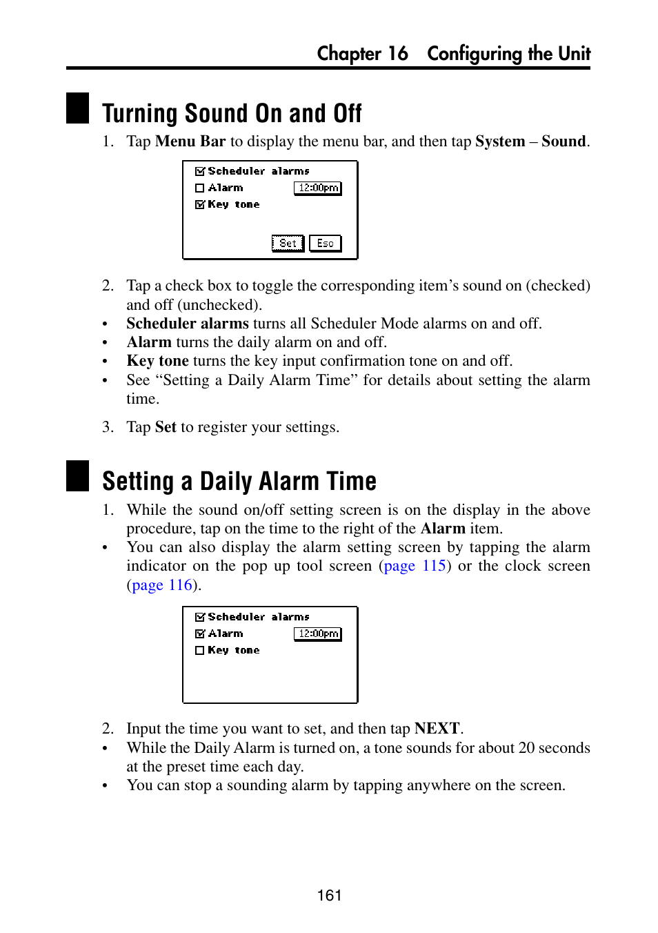 Turning sound on and off, Setting a daily alarm time, Setting screen on | Casio PV-S6100 User Manual | Page 163 / 189