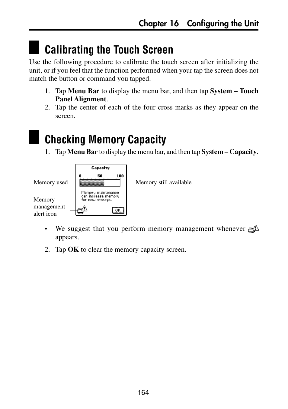 Calibrating the touch screen, Checking memory capacity | Casio PV-S6100 User Manual | Page 166 / 189