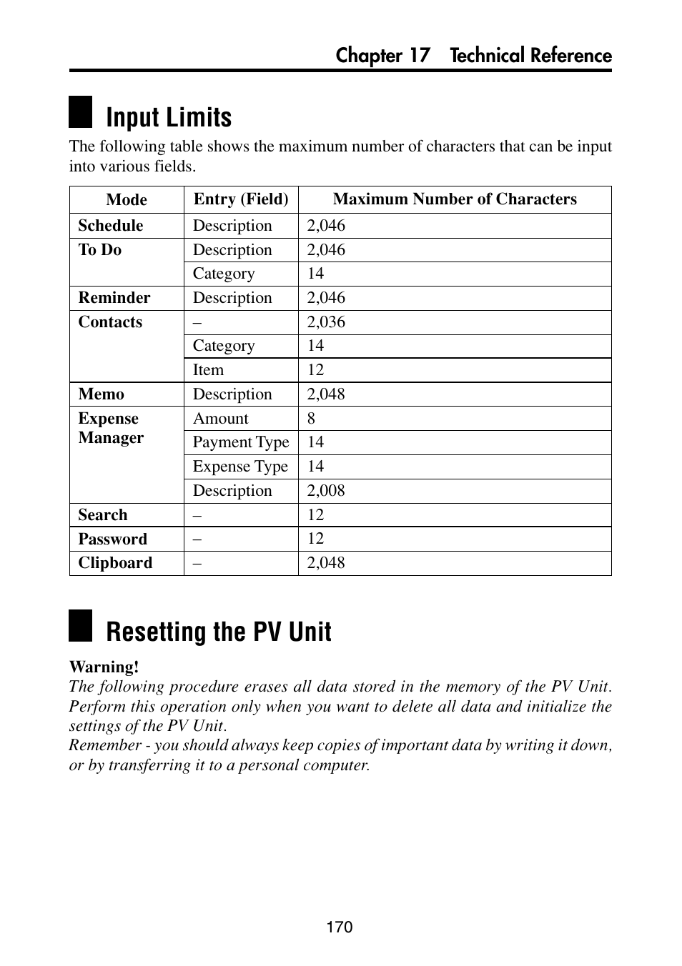 Input limits, Resetting the pv unit | Casio PV-S6100 User Manual | Page 172 / 189