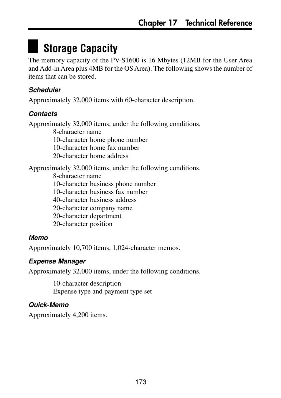 Storage capacity | Casio PV-S6100 User Manual | Page 175 / 189